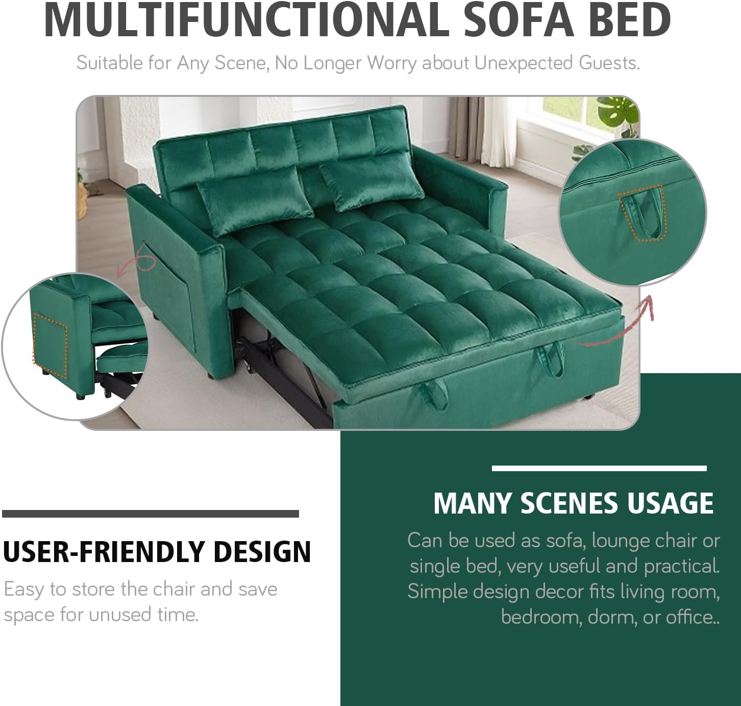 3 in 1 Convertible Sleeper Sofa Bed, 54'' Full Size Velvet Pull Out Futon Couch Recliner with Reclining Backrest & 2 Pillows, Small Loveseat Lounge Couches for Small Spaces (Dark Green)