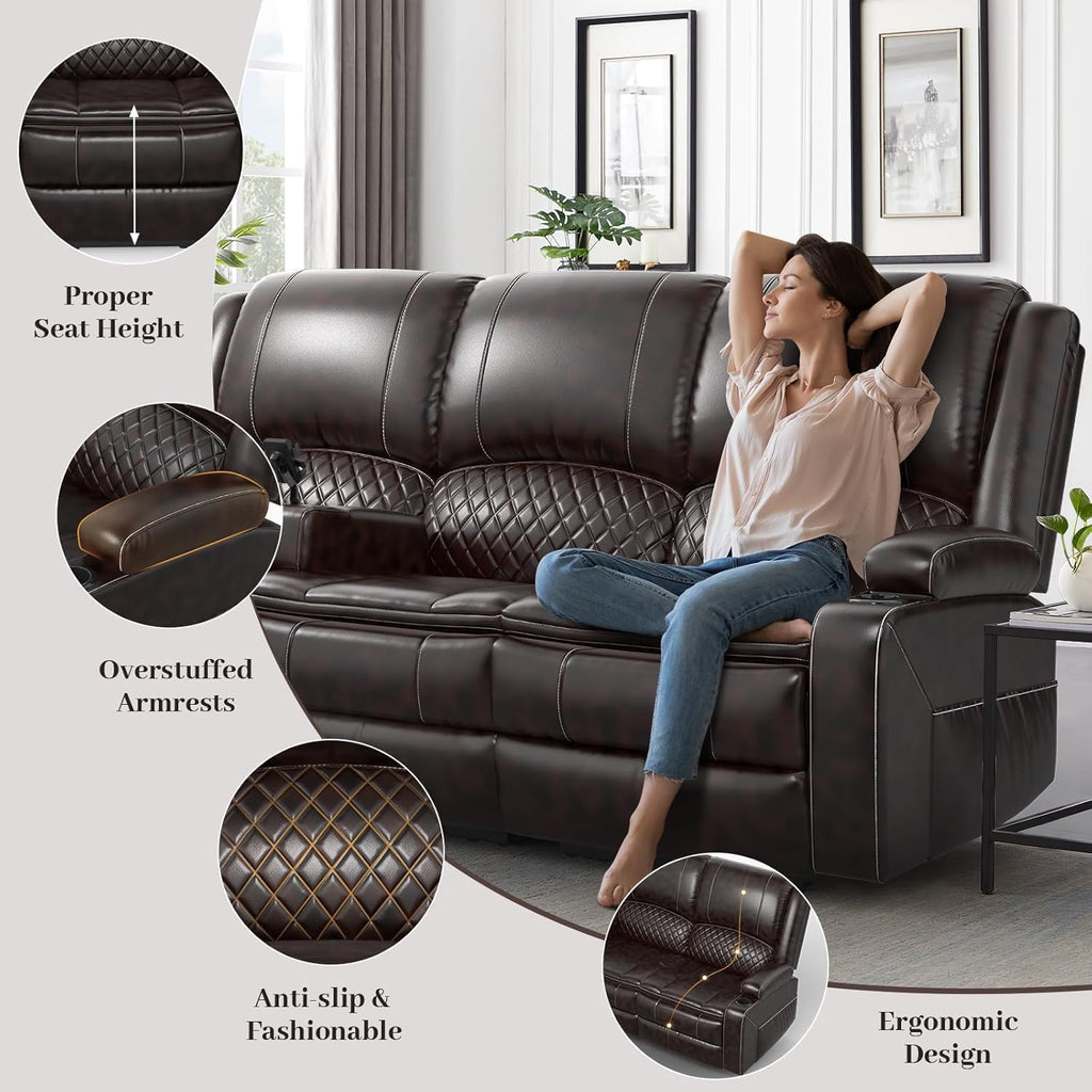 Yolsali 3-Seater Recliner Sofa, Manual Reclining Couch with Multi-Functional Middle Seat, Reclining Sofa for Living Room with Hidden Storage Space, Cup Holders, and Removable Console - PU Brown