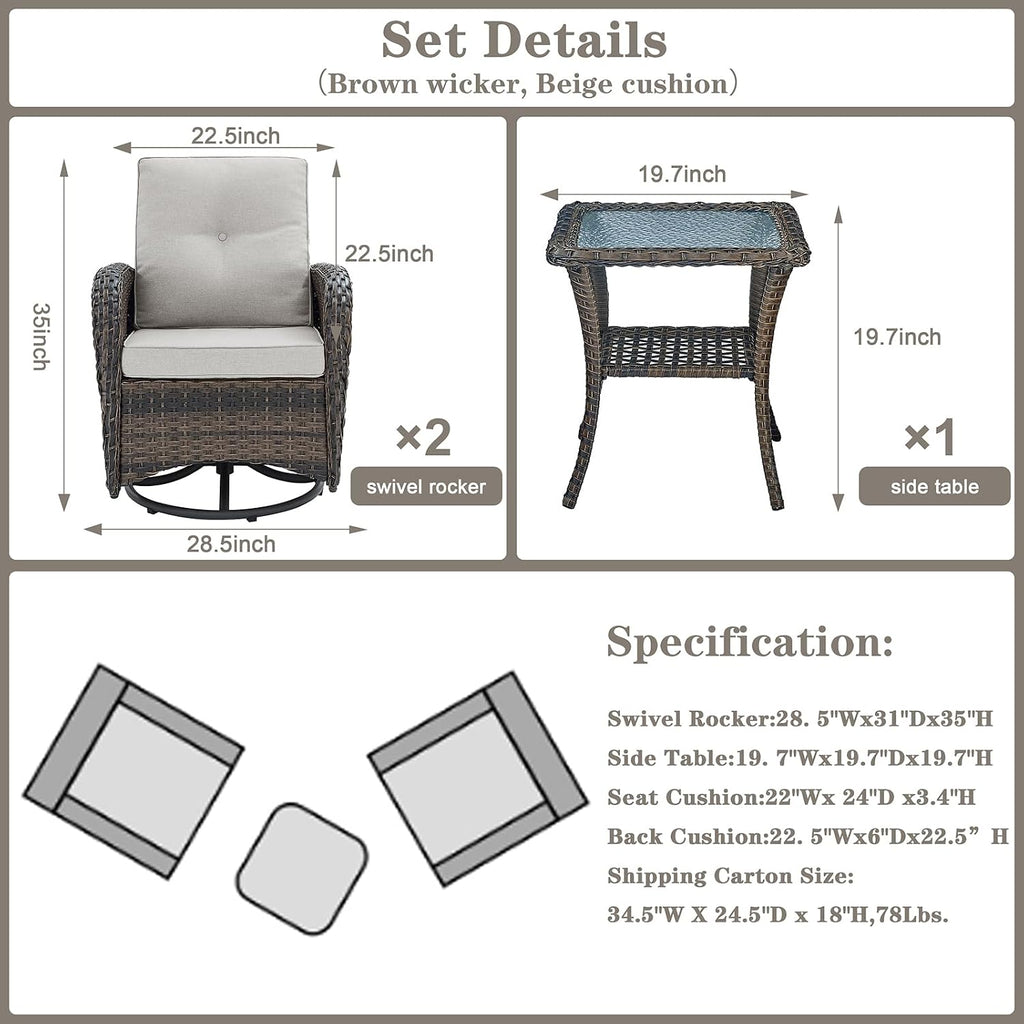 Belord Patio Wicker Chairs Swivel Rocker - Outdoor Swivel Rocking Chairs Set of 2 with Rattan Side Table, Patio Swivel Glider Chair 3 Piece Patio Furniture Sets for Deck Porch Pool Brown/Beige