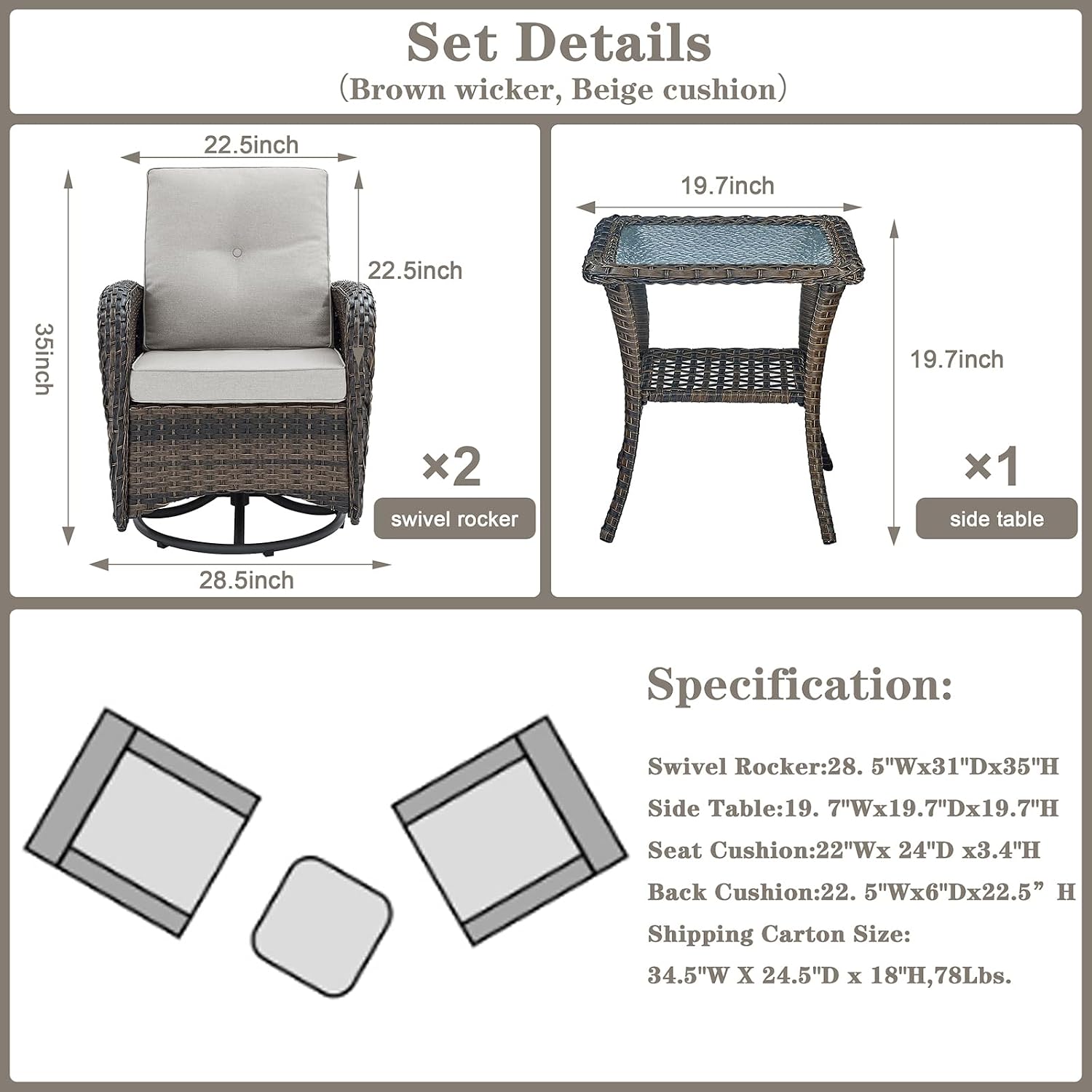 Belord Patio Wicker Chairs Swivel Rocker - Outdoor Swivel Rocking Chairs Set of 2 with Rattan Side Table, Patio Swivel Glider Chair 3 Piece Patio Furniture Sets for Deck Porch Pool Brown/Beige
