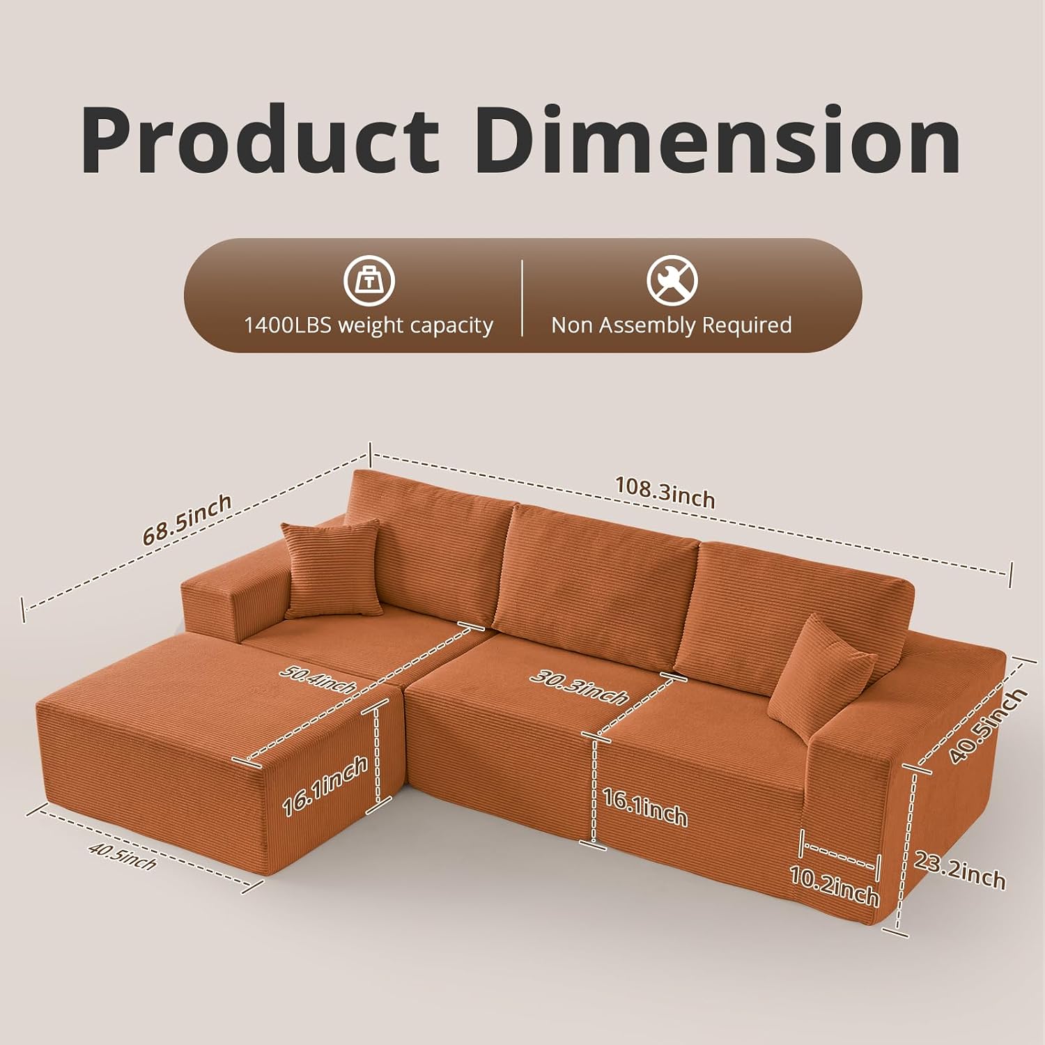 108' L-Shaped Boneless Couch, High Seat Modular Sectional Sofa with Moveable Ottoman, Corduroy Cloud Couches for Living Room, No Assembly, Ship in a Box, Orange