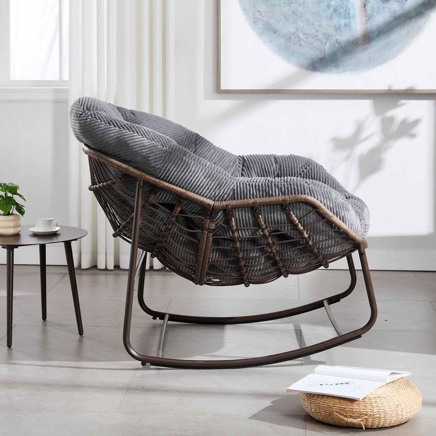 Outside Rattan Rocking Chair with Wicker Cushion, Oversized Lounge Papasan Chair, Outdoor Camping Chairs Patio Furniture for Garden, Balcony, Front Porch & Living Room, Grey2