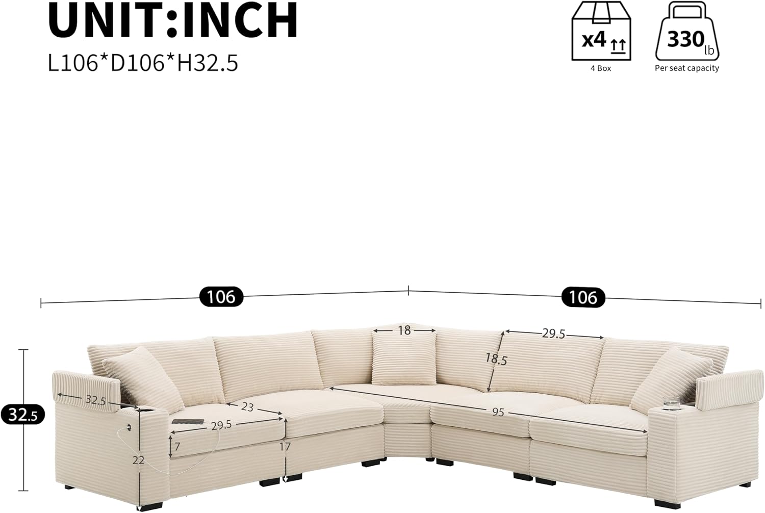Merax 106' Corduroy Sectional Corner Sofa with Cup Holders & USB Charger, 5 Seat Convertible L Shaped Couch Set with Armrest Storage, Oversized Comfy Modular Sofabed for Living Room & Apartment, Beige