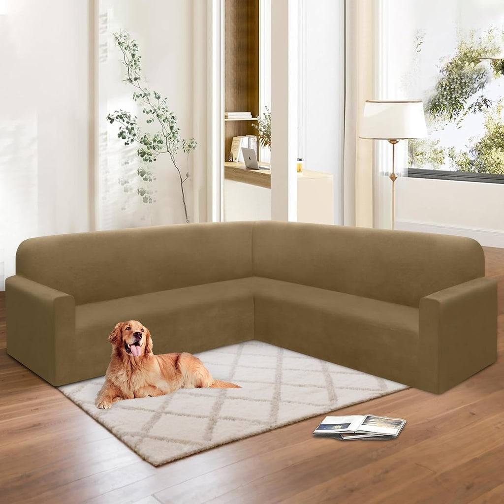 HDCAXKJ Corner Sectional Couch Covers Velvet Stretch L Shape Sofa Cover Soft Thick Sectional Slipcovers Set U Shaped Living Room Non Slip Magic Furniture Protector for Pet Dogs (Brown Khaki, X-Large)