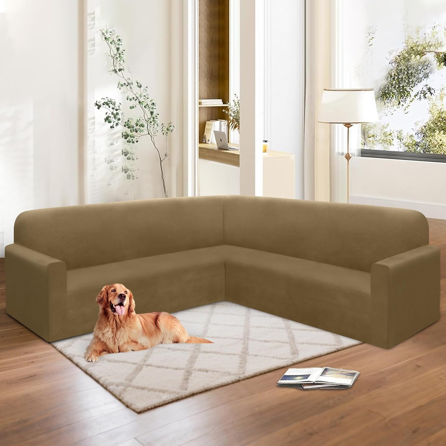 HDCAXKJ Corner Sectional Couch Covers Velvet Stretch L Shape Sofa Cover Soft Thick Sectional Slipcovers Set U Shaped Living Room Non Slip Magic Furniture Protector for Pet Dogs (Brown Khaki, X-Large)