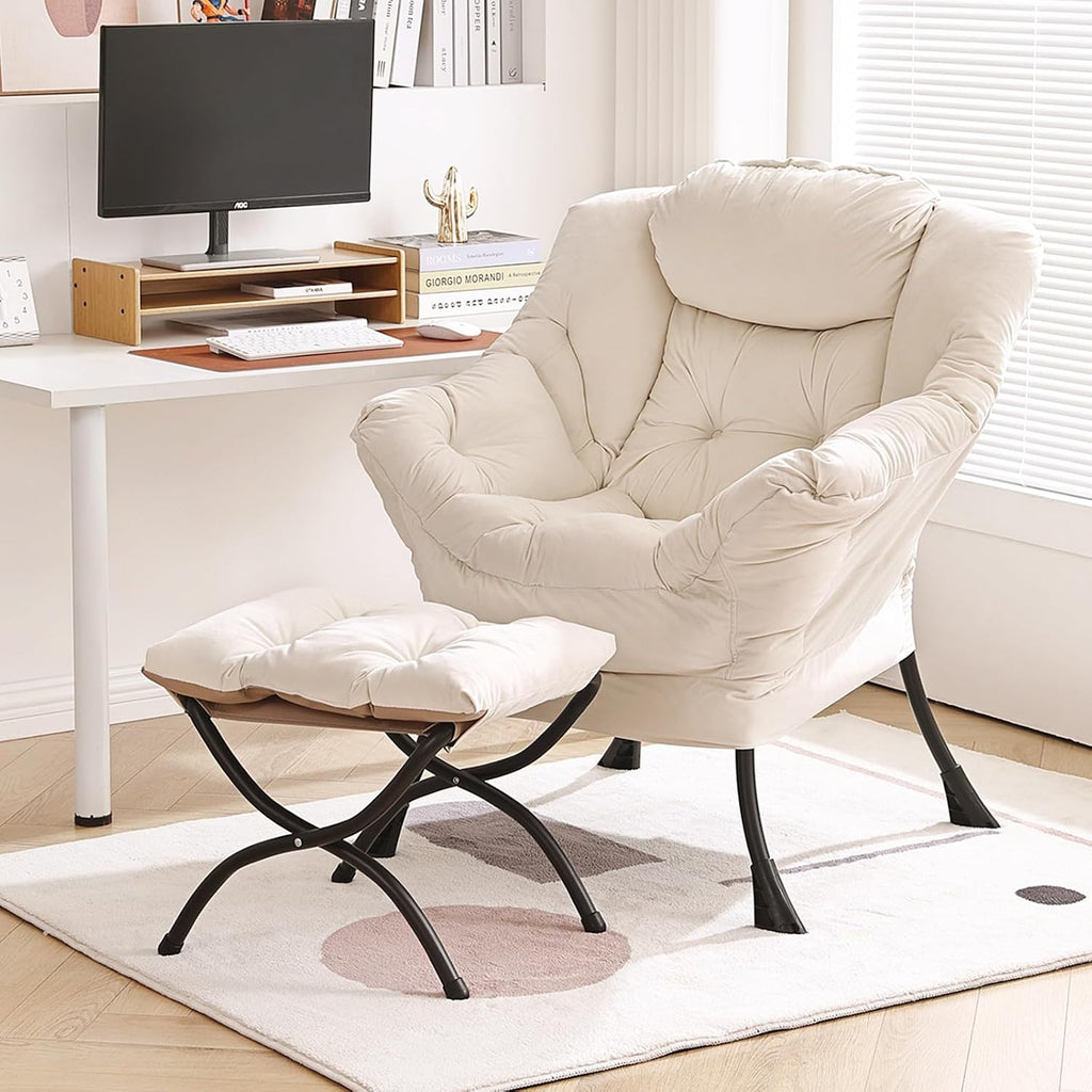 Furlide Lazy Chair with Ottoman, Modern Chair with Folding Footrest, Lounge Accent Chair, Comfortable Reading Chair, Oversized Armchairs for Bedroom, Study, Living Room, Courtyard (Beige)
