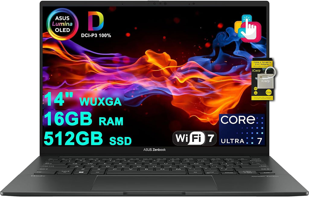 ASUS Zenbook 14 Creator Laptop 14' WUXGA Lumina OLED Touch (500nits HDR, 100% DCI-P3) Intel 16-core Ultra 7 255H (Up to 13 Tops) 16GB RAM 512GB SSD for Business Work Win11 ICP Hub