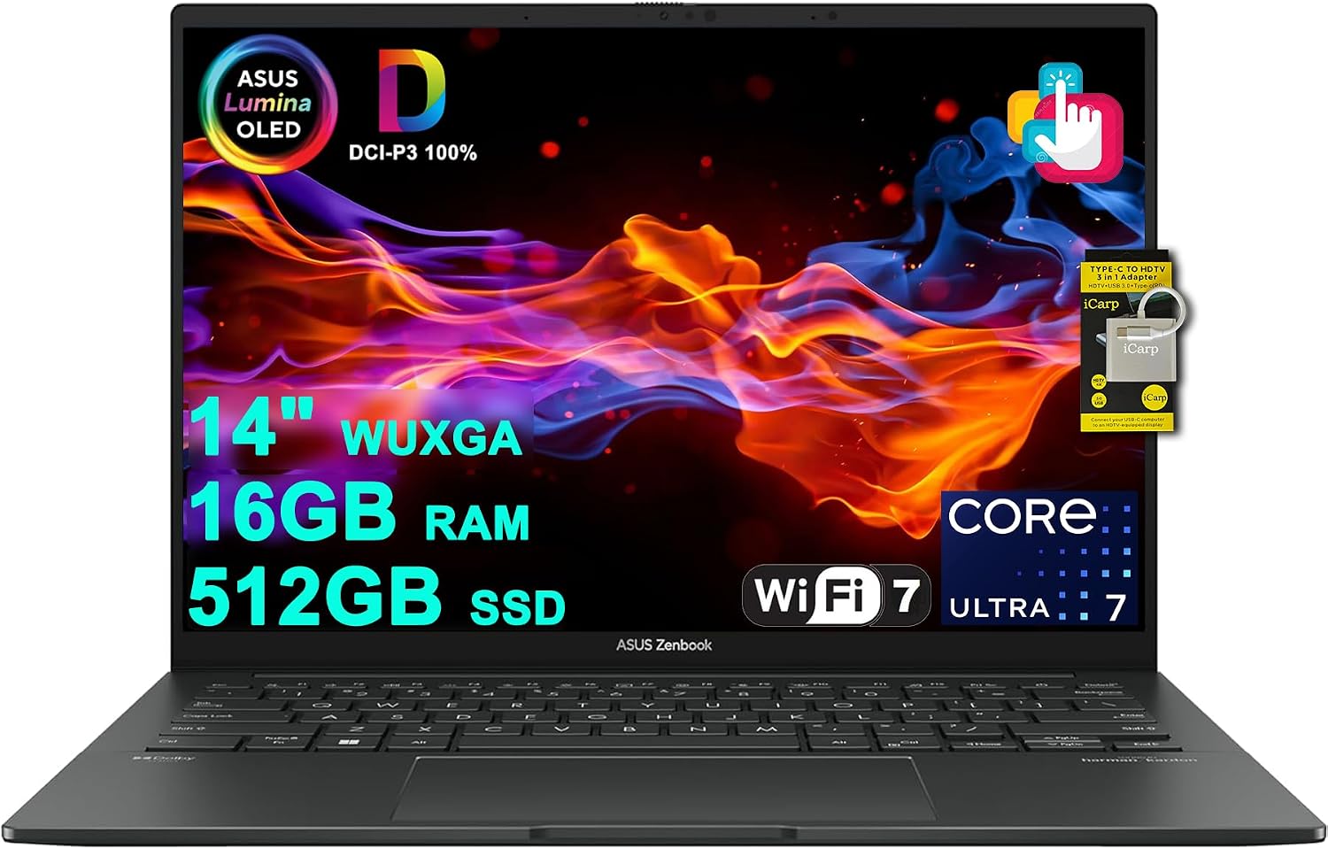 ASUS Zenbook 14 Creator Laptop 14' WUXGA Lumina OLED Touch (500nits HDR, 100% DCI-P3) Intel 16-core Ultra 7 255H (Up to 13 Tops) 16GB RAM 512GB SSD for Business Work Win11 ICP Hub