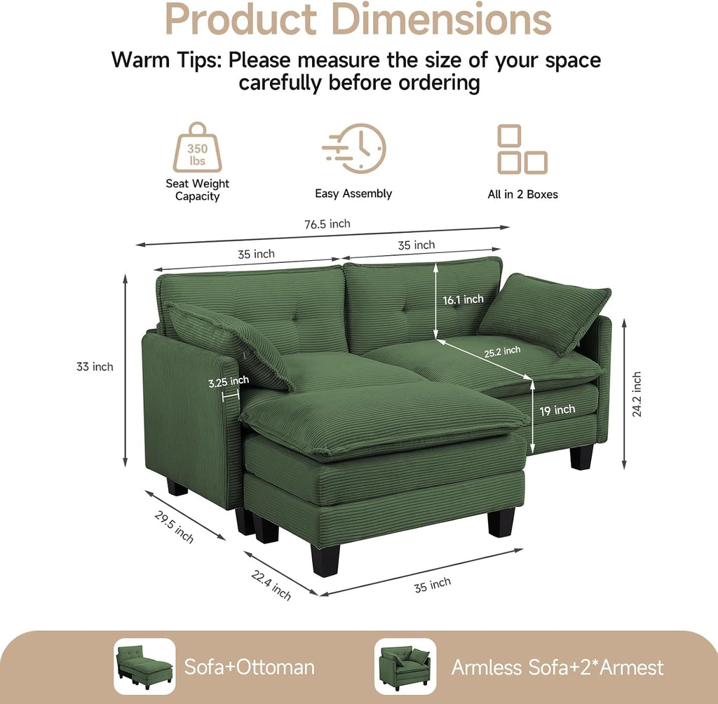 Amsleekey Modular Sectional Sofa, 76.5' L-Shaped Corduroy Comfy Sectional Couches for Living Room, 2-Seater Cloud Couches with 1 Movable Ottoman, Flexible Combination Modern Deep Seat Sofa (Green)