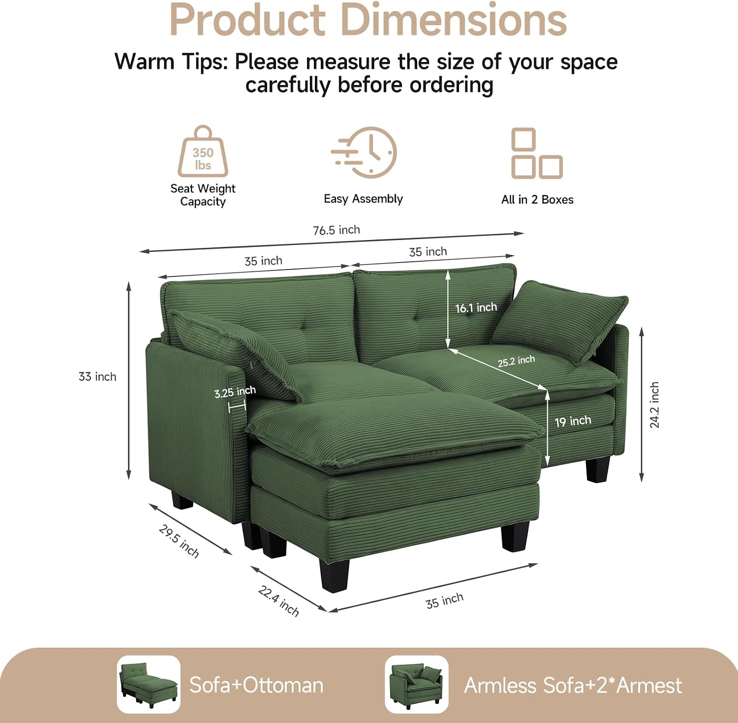 Amsleekey Modular Sectional Sofa, 76.5' L-Shaped Corduroy Comfy Sectional Couches for Living Room, 2-Seater Cloud Couches with 1 Movable Ottoman, Flexible Combination Modern Deep Seat Sofa (Green)