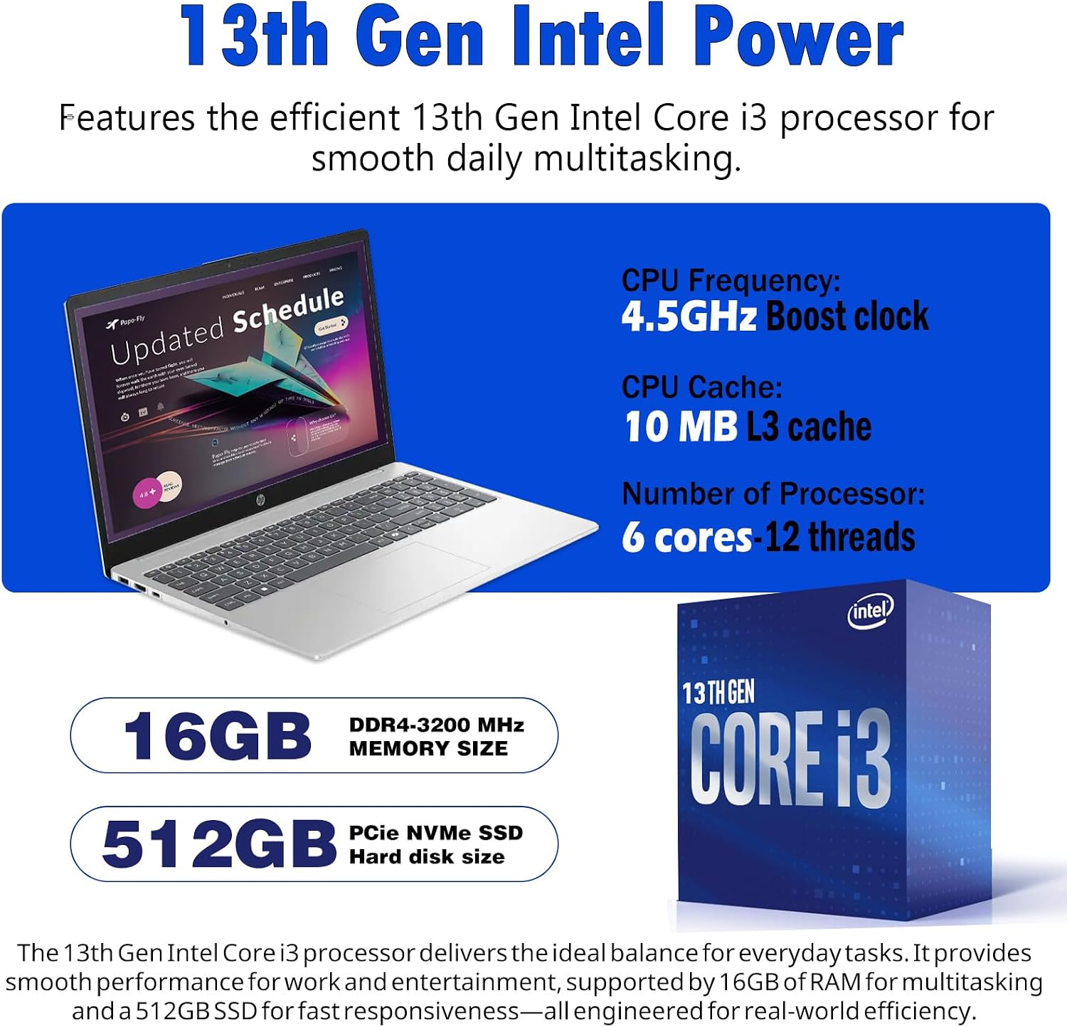 HP 15.6 Laptop Computer 2026, 16GB RAM, 512GB SSD, 15.6'' Touchscreen Anti-Glare Display, Windows 11 Pro, AI Copilot, Intel 13th Gen Core i3(Up to 4.5GHz), w/Patented Accessory