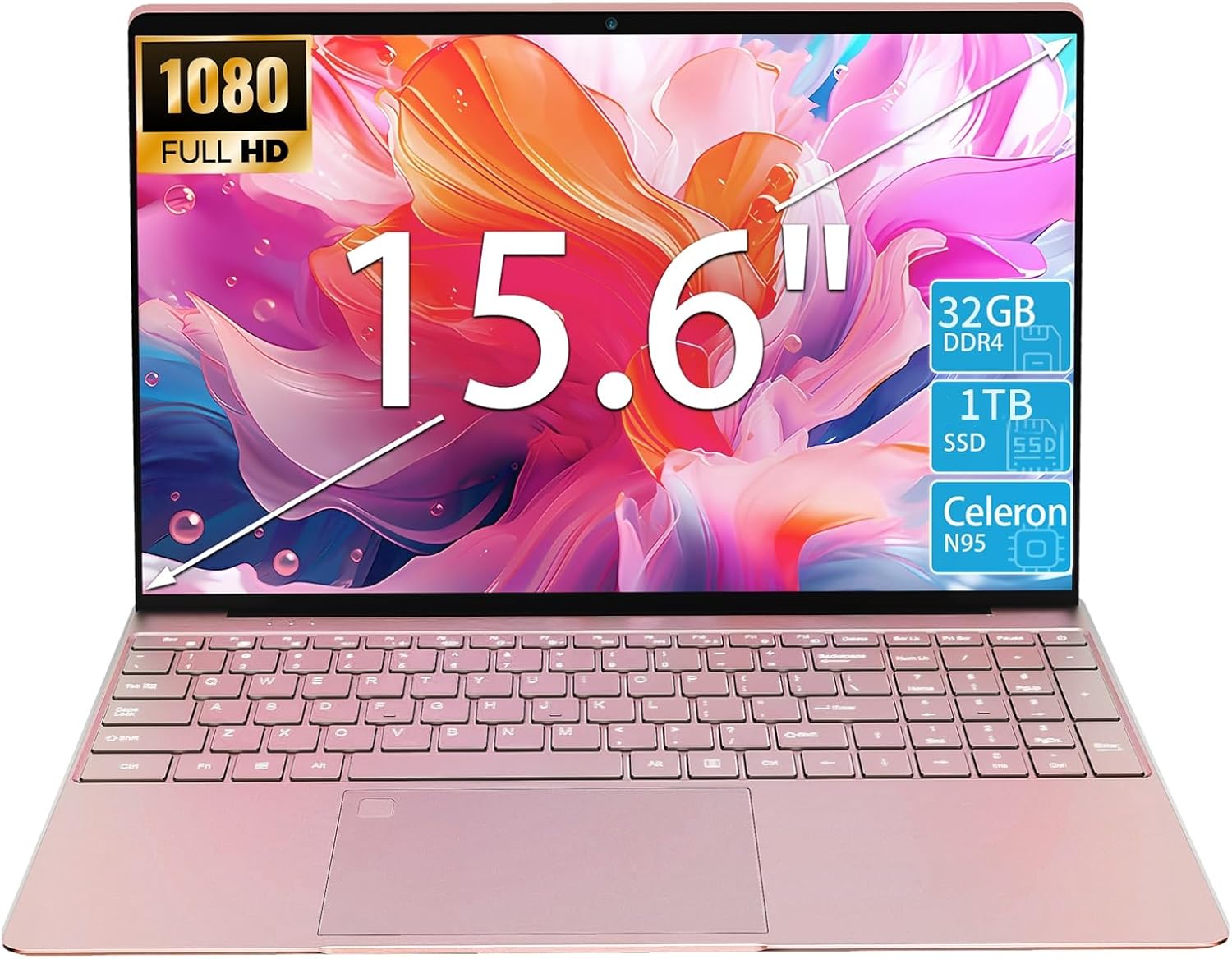 15.6 Inch Laptop, N95 Processor (4C4T, 1.7-3.4GHz), 8GB RAM, 512GB PCIe SSD, Backlit Keyboard, Fingerprint Unlock, FHD IPS Display, 8000mAh Battery, Win11Pro Computer – for Work & Study (Rose Gold)