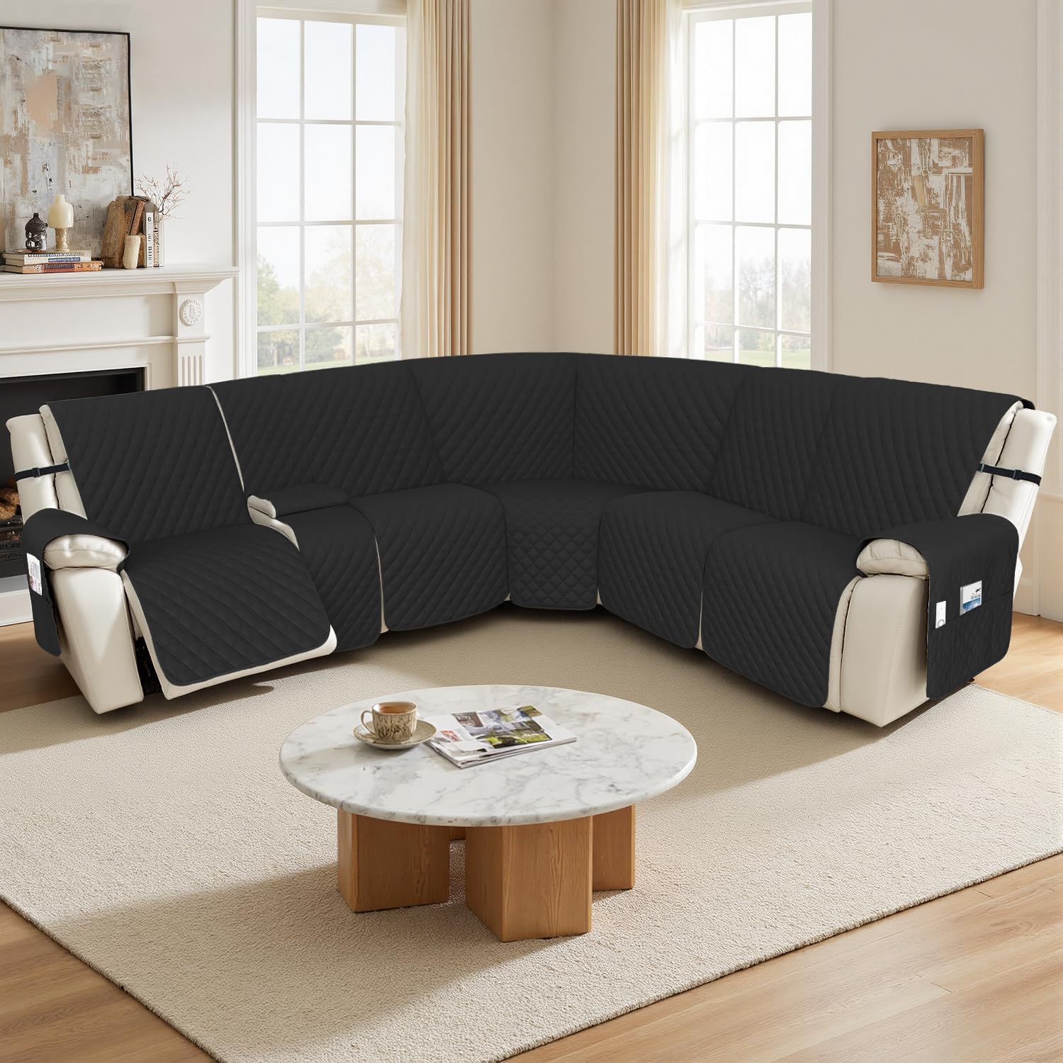 Arfntevss Recliner Sectional Couch Covers 1OO% Waterproof L Shape Sofa Cover for Reclining L Shaped Sectional Slipcover Dog Washable Corner Non Slip Protector (5 Seater with 1 Console, Black)