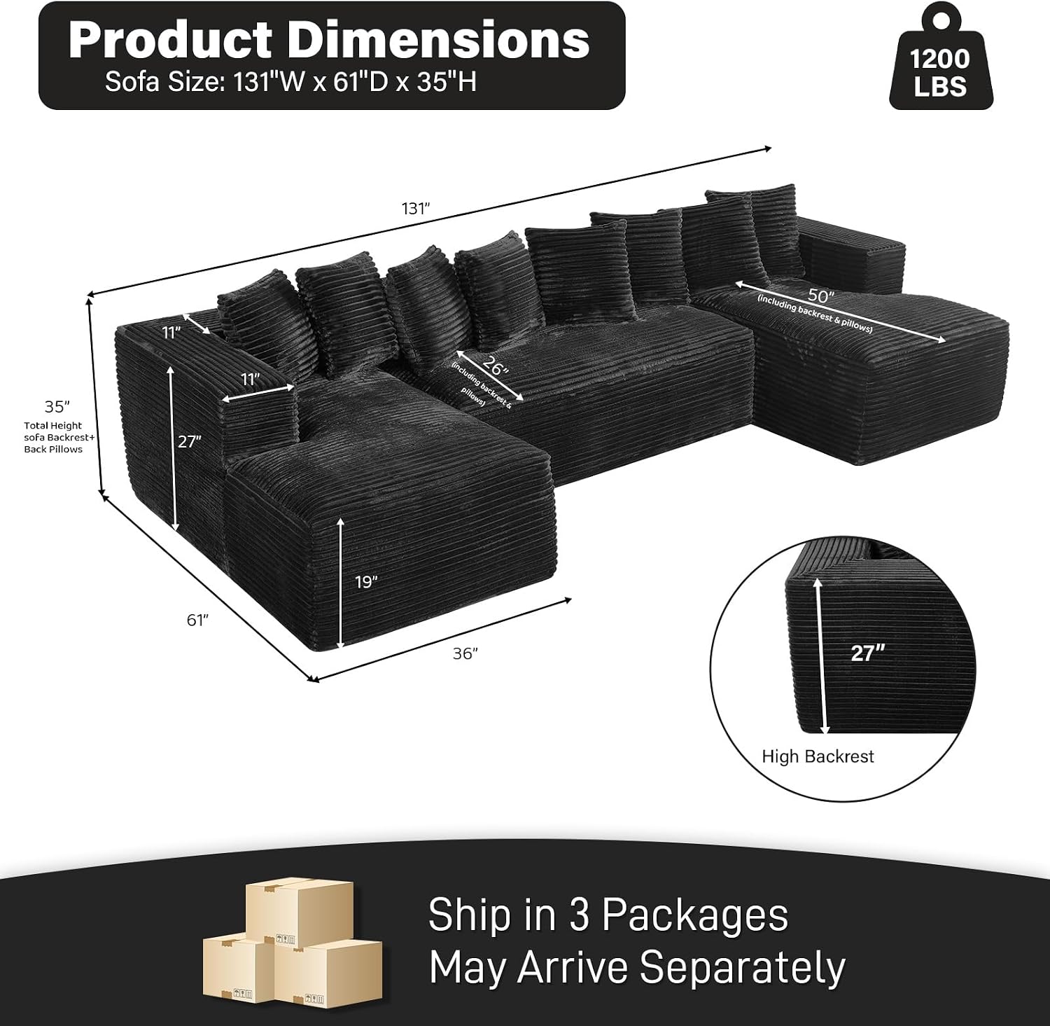 131' Oversized U Shaped Cloud Sectional Couches for Living Room, Comfy Fluffy Corduroy Black Boneless Sectionals Couch, Plush Memory Foam Modular Sectional Sofa with Chaise- 19' Seat Height