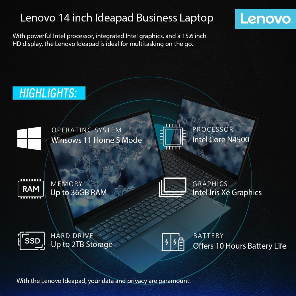 Lenovo IdeaPad Laptop with Microsoft Office, Intel High Performance CPU, 11 Hour Battery, SD-Card Reader, Webcam + USB-C, WOWPC Recovery USB, Windows 11 (12GB RAM | 640GB SSD)