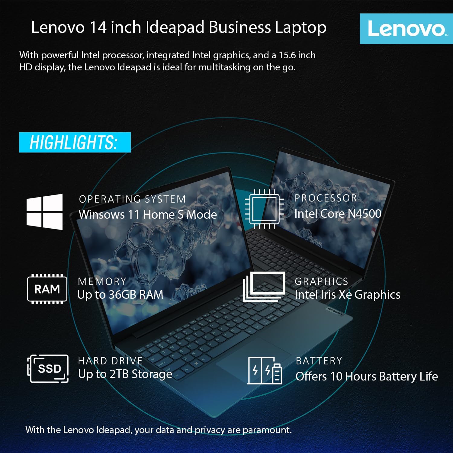 Lenovo IdeaPad Laptop with Microsoft Office, Intel High Performance CPU, 11 Hour Battery, SD-Card Reader, Webcam + USB-C, WOWPC Recovery USB, Windows 11 (12GB RAM | 640GB SSD)