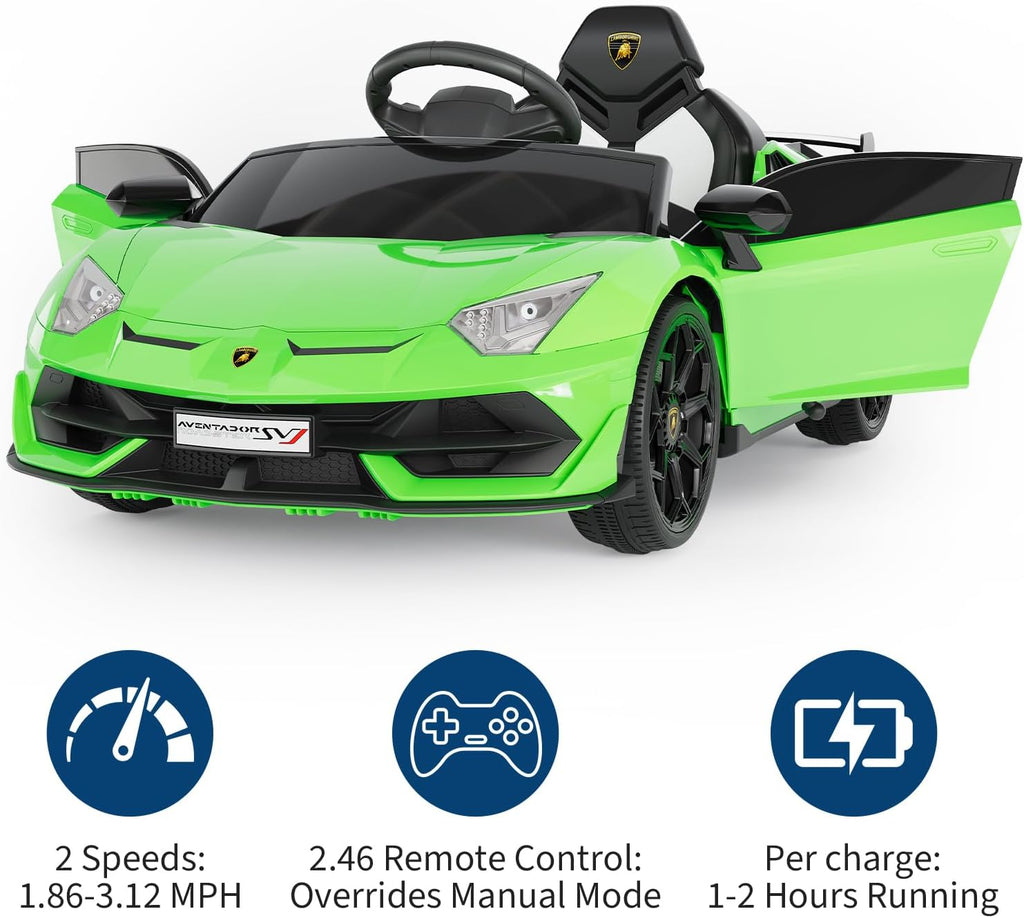 Garvee 12V Kids Electric Car with Remote Control, LED Lights & Sound System - Licensed Lamborghini Battery Powered Ride-On Toy for Boys & Girls (Green)