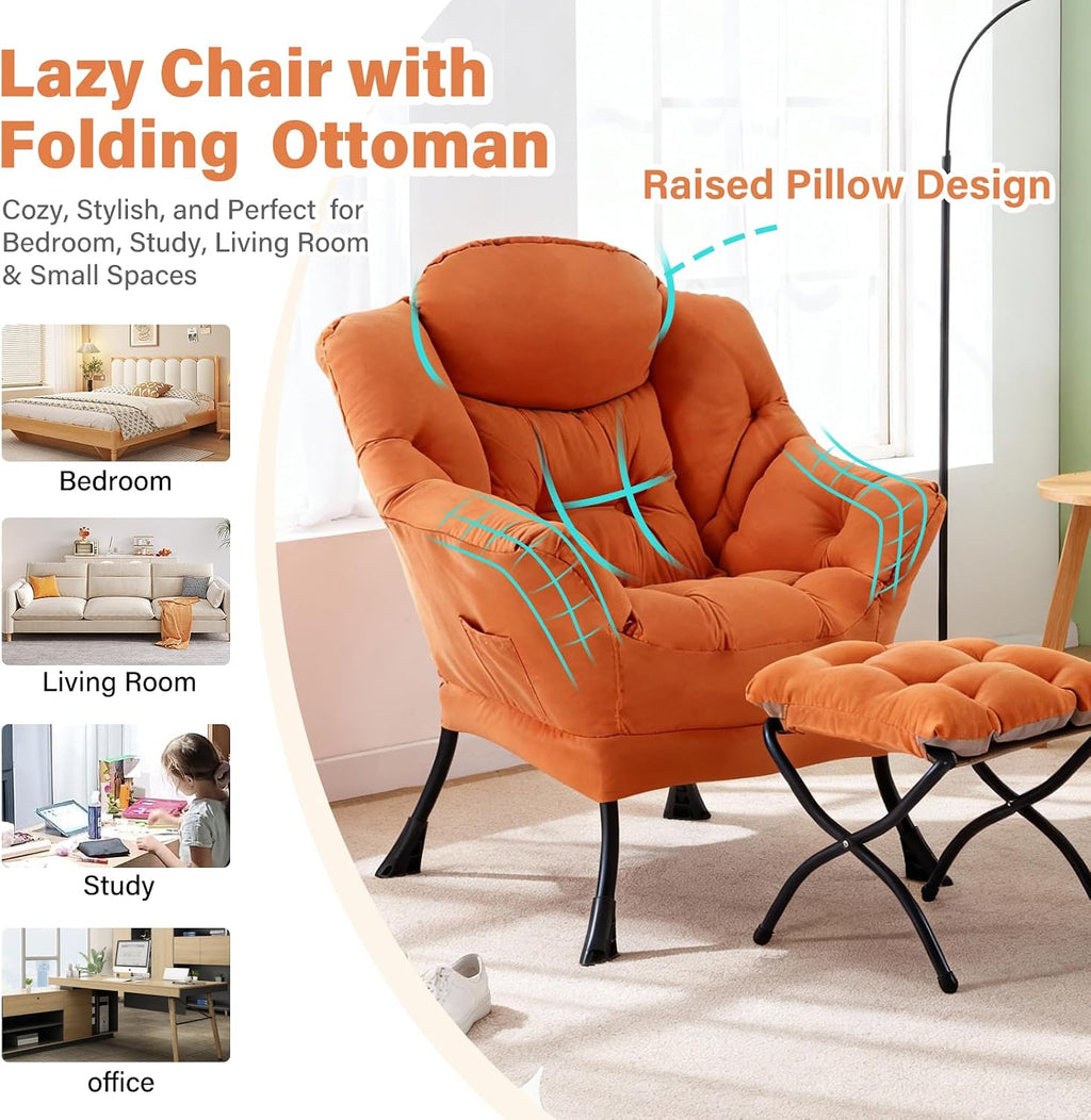 Furlide Lazy Chair with Ottoman, Modern Accent Chair with Armrests and a Side Pocket, Orange Accent Chairs, Reading Chairs, Oversized Armchairs for Bedroom, Study, Living Room, Courtyard