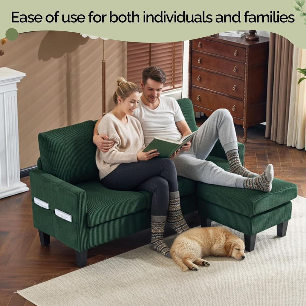VINGLI 68.5' L Shaped Couch with Movable Storage Ottoman, Convertible Sectional Sofa in Soft Corduroy Fabric, Modern Reversible Chaise Couch for Small Spaces, Apartment, Living Room，Dark Green