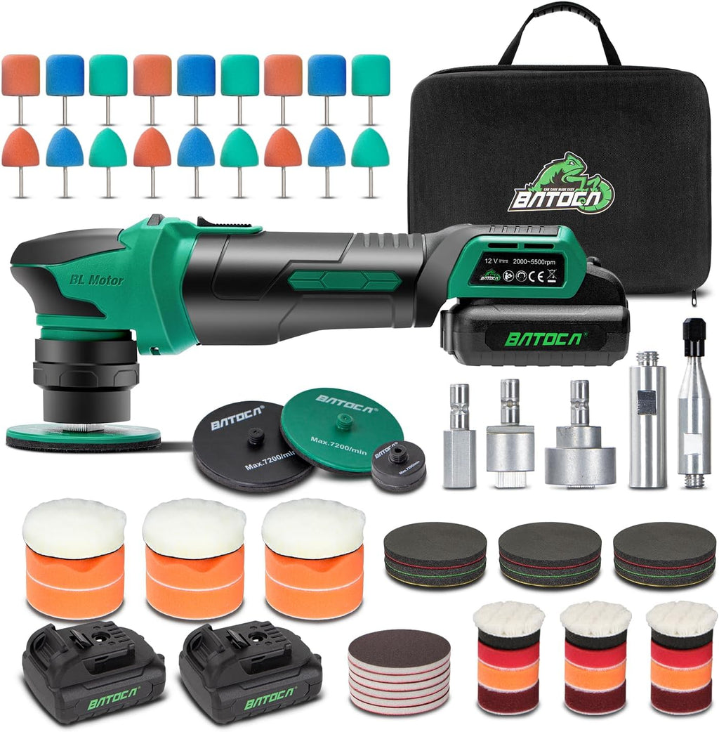 BATOCA S4 Cordless Multi-Polisher-Set, with 2Pcs 12V 2.5Ah Batteries, RO&DA Car Buffer Polisher, 1&3inch Mini Brushless Polisher for Car Detailing, Complete Accessories Kit