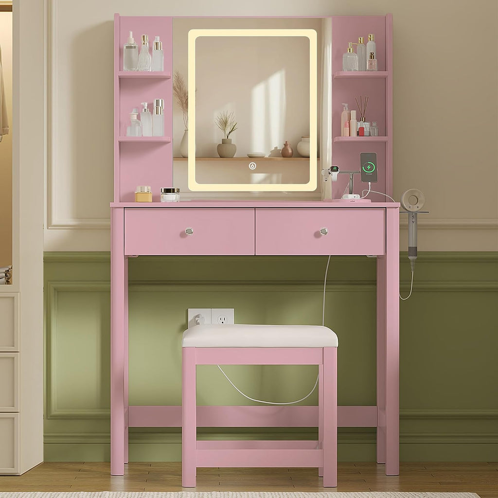 Vanity Desk with Mirror and LED Lights, Small Makeup Vanity Table Set with Drawers and Chair, Dressing Table with Power Outlet for Girls Bedroom, Pink