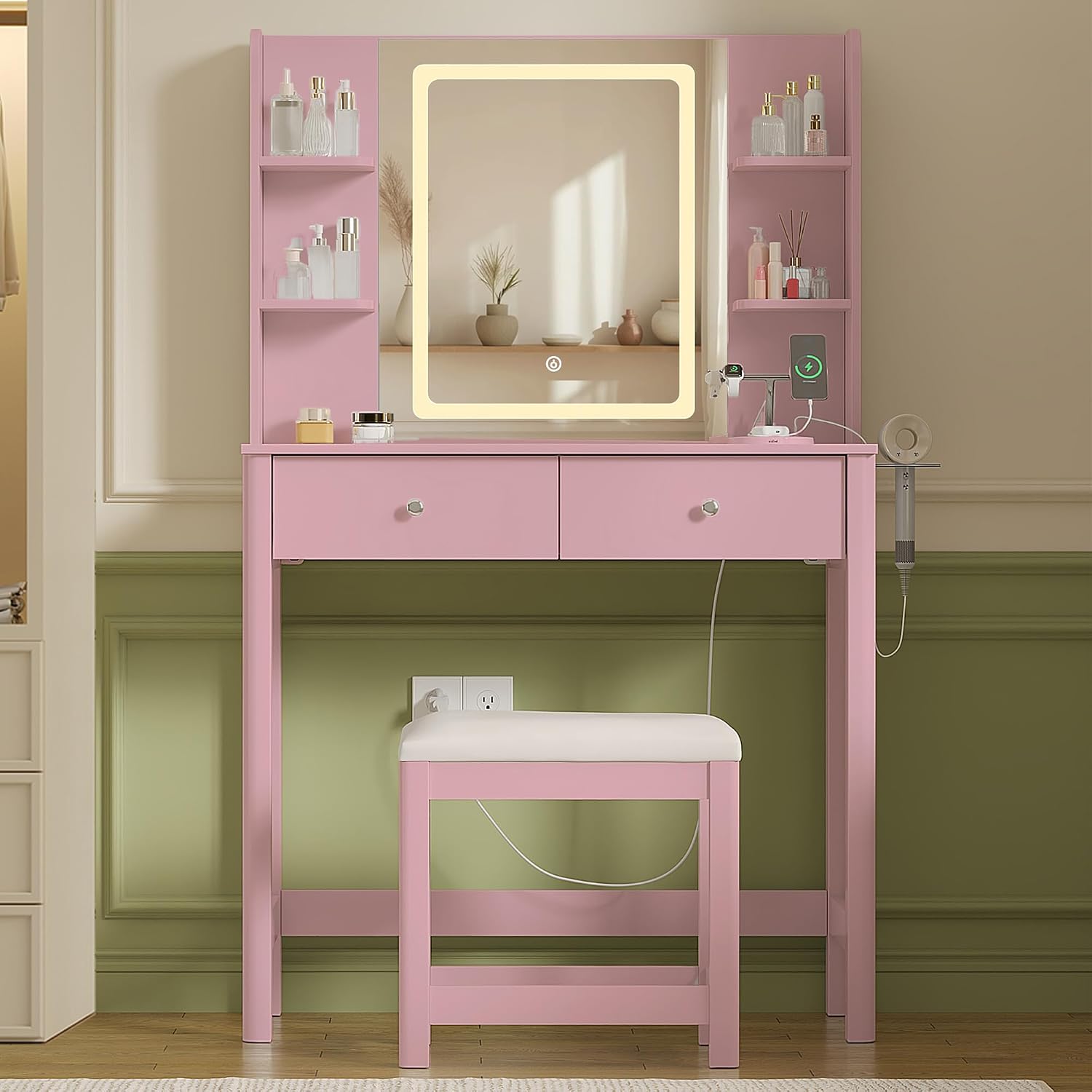 Vanity Desk with Mirror and LED Lights, Small Makeup Vanity Table Set with Drawers and Chair, Dressing Table with Power Outlet for Girls Bedroom, Pink