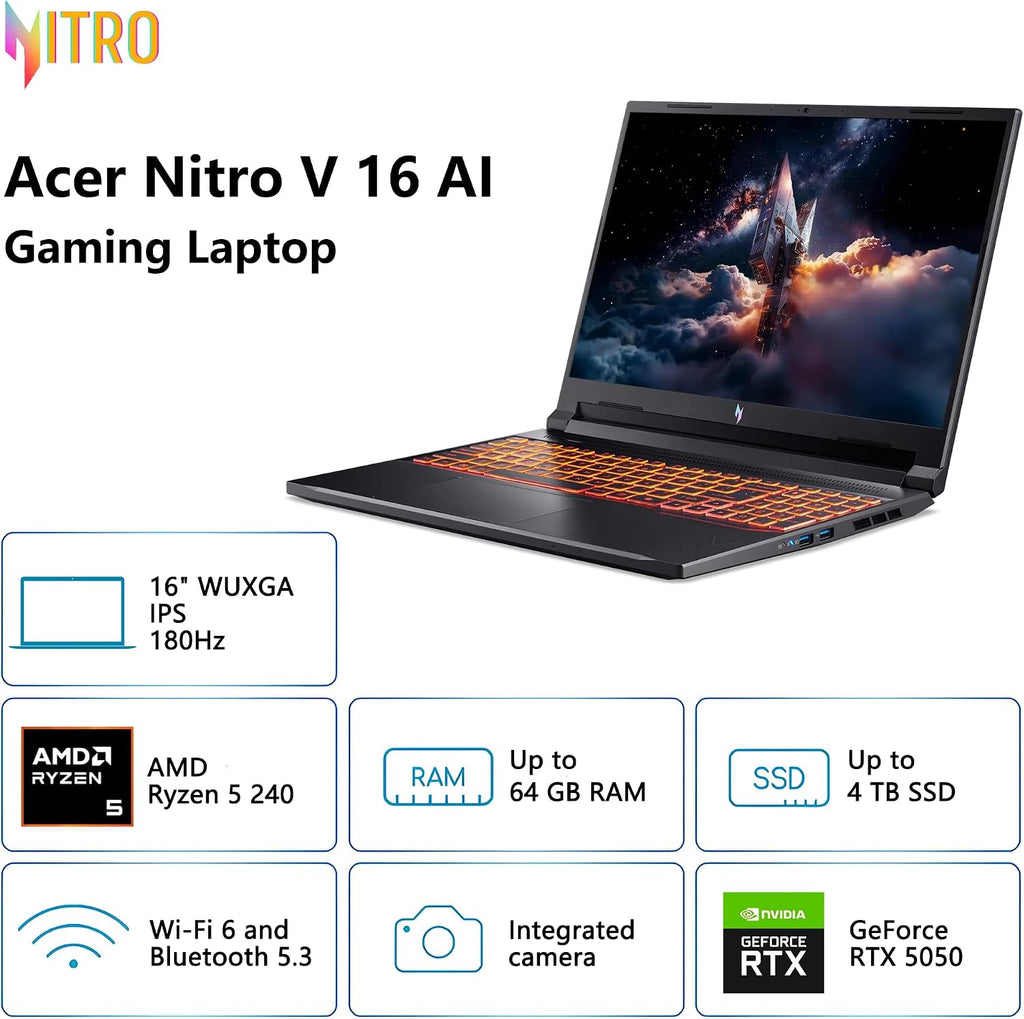 acer Nitro V 16 AI Gaming Laptop | 16' WUXGA IPS 180Hz | AMD 6-Core Ryzen 5 240 | 32GB DDR5 2TB SSD | GeForce RTX 5050 8GB DLSS4 (Up to 440 AI Tops) | Backlit Keyboard Win11 Pro w/DLCA Accessory