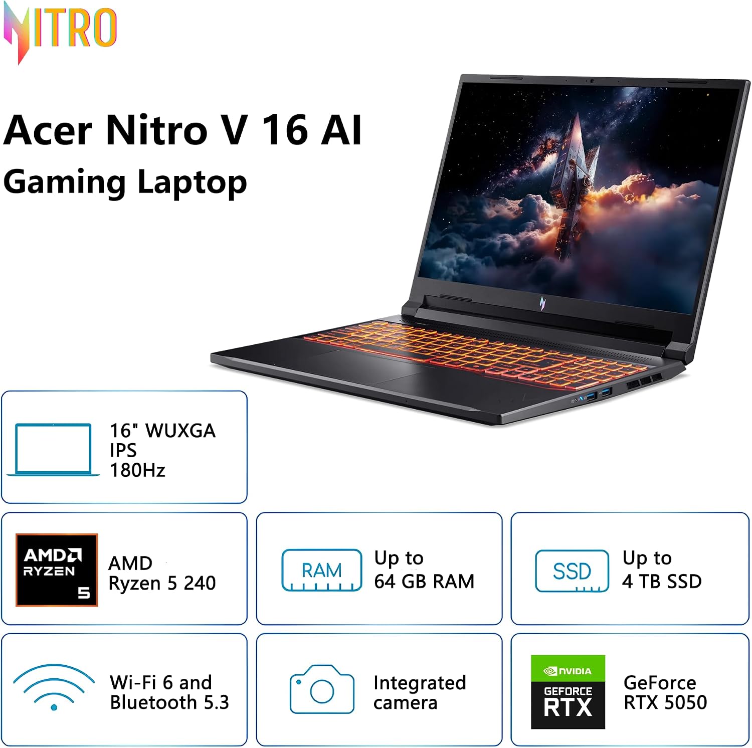 acer Nitro V 16 AI Gaming Laptop | 16' WUXGA IPS 180Hz | AMD 6-Core Ryzen 5 240 | 32GB DDR5 4TB SSD | GeForce RTX 5050 8GB DLSS4 (Up to 440 AI Tops) | Backlit Keyboard Win11 Pro w/DLCA Accessory