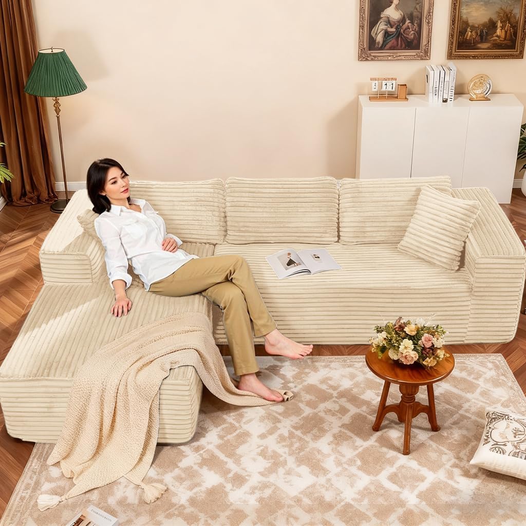 COMHOMA 105'Modular Sectional Sofa with Deep Seat,Cloud Upholstered L-Shape Couch Wide Arms Corduroy Fabric High-Density Foam Chaise Lounge for Living Room No Assembly Required