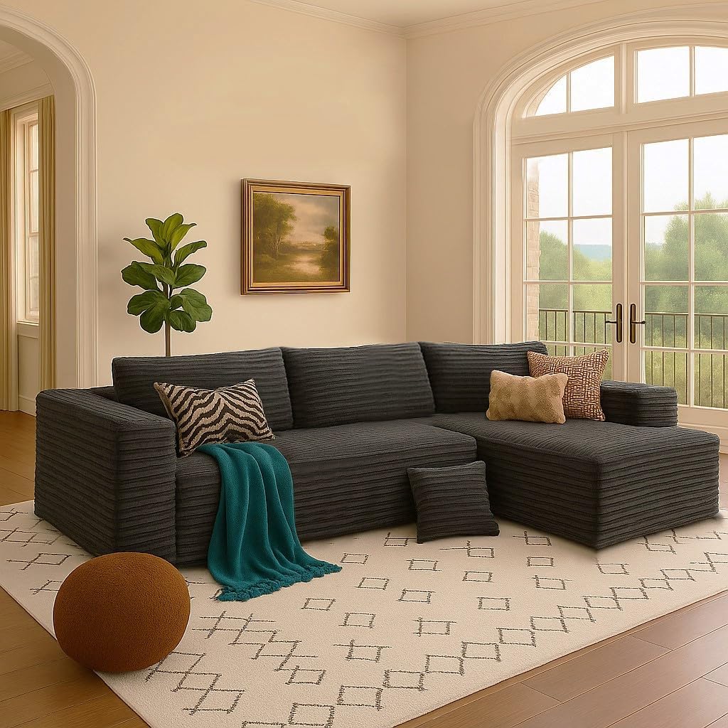 COMHOMA 105'Modular Sectional Sofa with Deep Seat,Cloud Upholstered L-Shape Couch Wide Arms Corduroy Fabric High-Density Foam Chaise Lounge for Living Room No Assembly Required