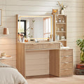 LEYAOYAO Vanity Desk with Mirror and Lights, 43.5'' Fluted Makeup Vanity with 6 Drawers and Adjustable Shelves, Glass Top Make Up Vanity, Girls Wood Dressing Table with Power Outlet for Bedroom