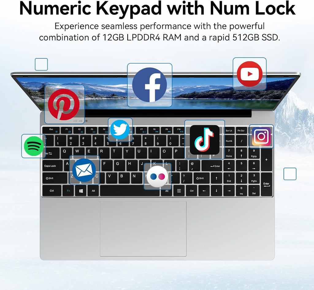 15.6 Inch Laptops, Win 11 Pro Laptop Computer,12GB RAM 512GB SSD, Celeron N100 Quad-Core(Up to 3.4GHz), FHD IPS 1920x1080, HDMI, Type-C, USB 3.0, WiFi 6, BT 5.2, TF Card Reader, 6500mAh