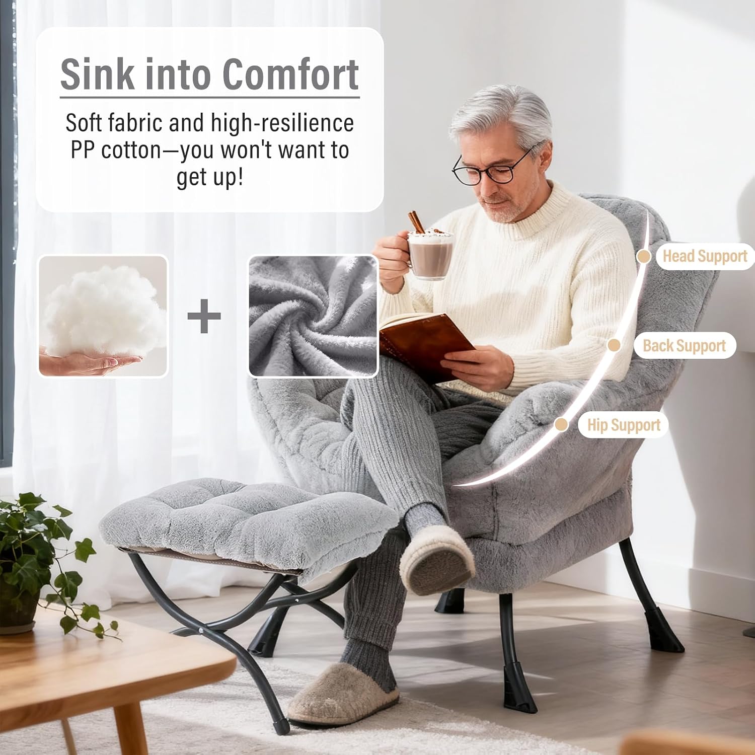 Furlide Lazy Chair with Ottoman, Modern Accent Chair with Armrests and a Side Pocket, Plush Grey Accent Chairs, Reading Chairs, Oversized Armchairs for Bedroom, Study, Living Room, Courtyard