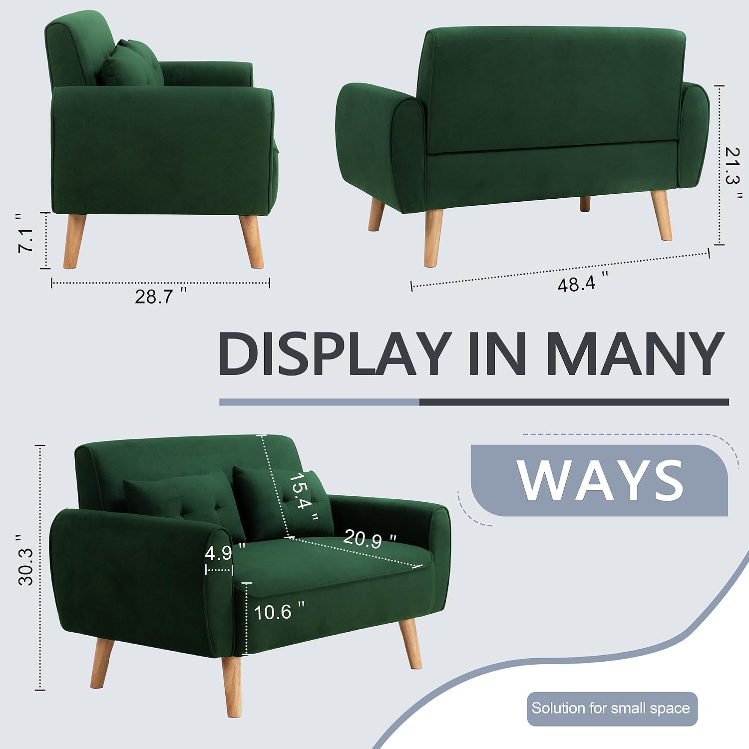 Shintenchi 48'' Loveseat Sofa, Mid-Century Modern Upholstered Couch Deep Seat with 2 Pillows, 10' Thick Cushion with Spring, Solid Wood Frame Small Couch for Living Room, Dorms & Office, Green