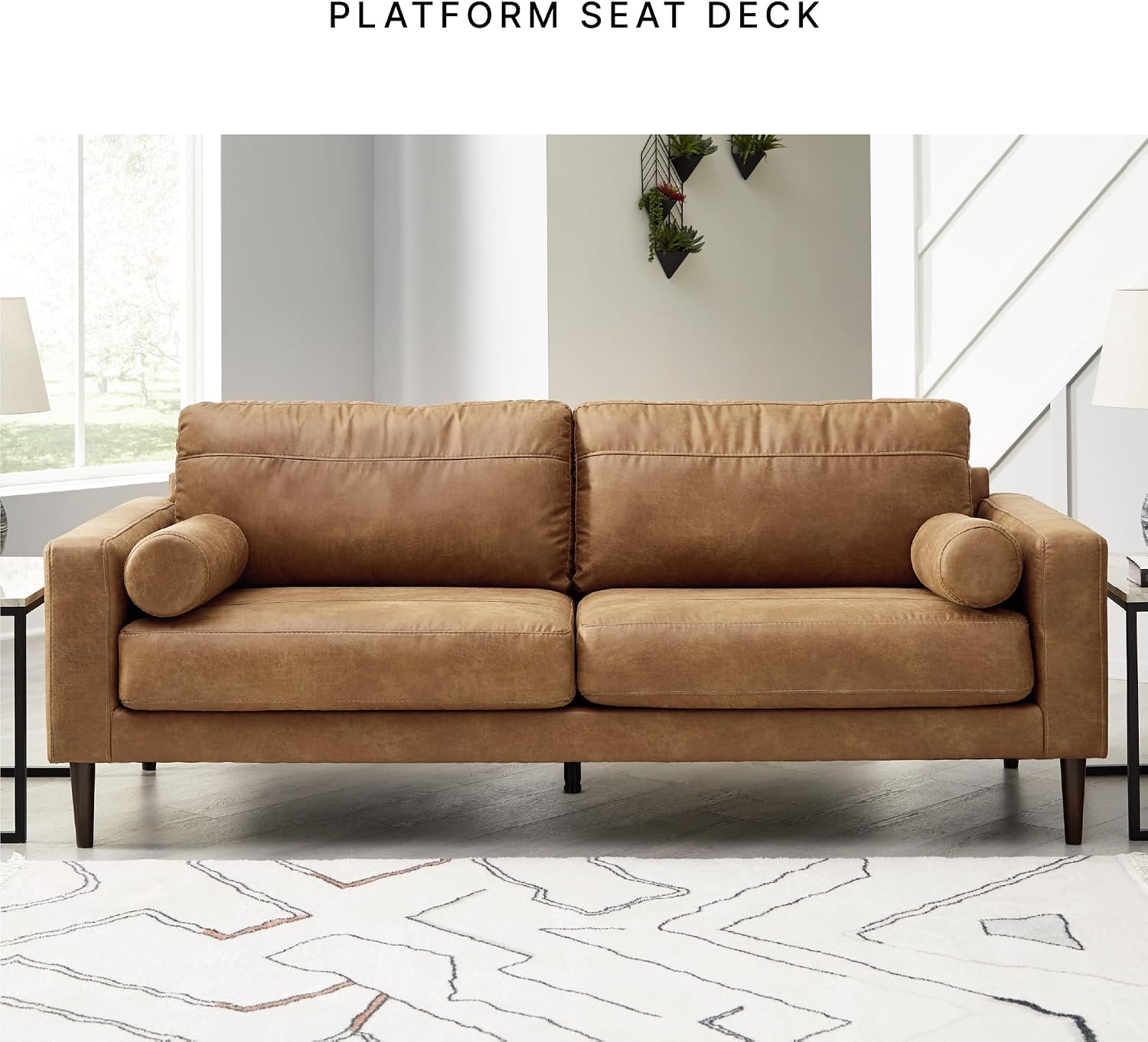 Signature Design by Ashley Telora Faux Leather Sofa, 2 Bolster Pillows, Loose Cushions, Faux Wood Finish Accent Legs, 85' W x 35' D x 35' H, Dark Brown