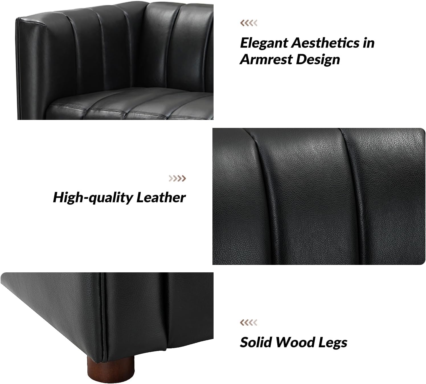 HULALA HOME 83' Genuine Leather Sofa with Channel Tufted Design, 3-Seater Sofa for Living Room Bedroom, Modern Oversized Couch with Wood Legs, Black