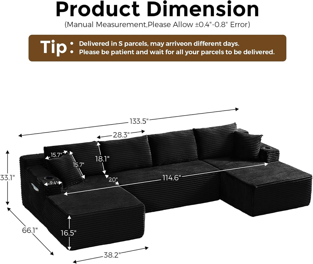 133' Oversized Cloud Boneless Sofa Couch with Chaise, Modern Corduroy U Shaped Modular Sectional Sofa with Deep Seat, Comfy Couch with Cupholders and Storage, No Assembly Required-Black