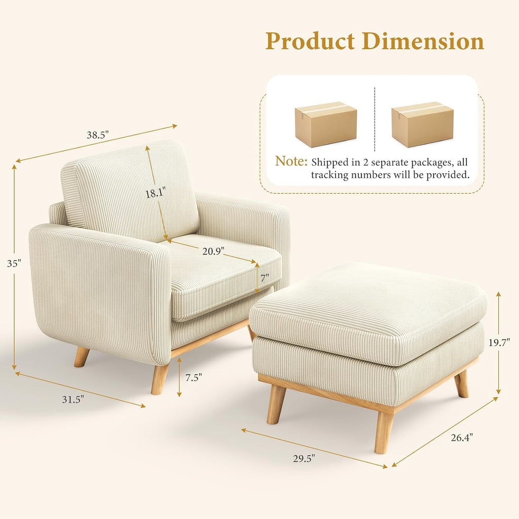 Vesgantti 38.5' Accent Chair with Movable Ottoman, Comfy Corduroy Armchair with Spring Cushion, Reading Chair with Ottoman, Modern Single Sofa for Living Room, Bedroom and Apartment, Beige