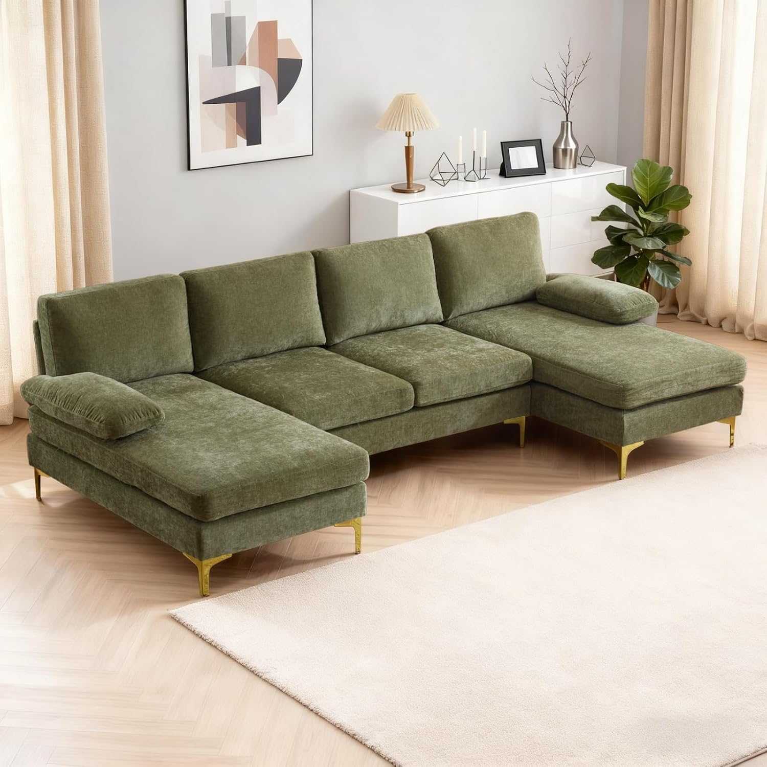 Karl home 110' Sectional Sofa U-Shaped 4-Seat Couch with Chaises Chenille Fabric Upholstered for Living Room, Apartment, Office, Green
