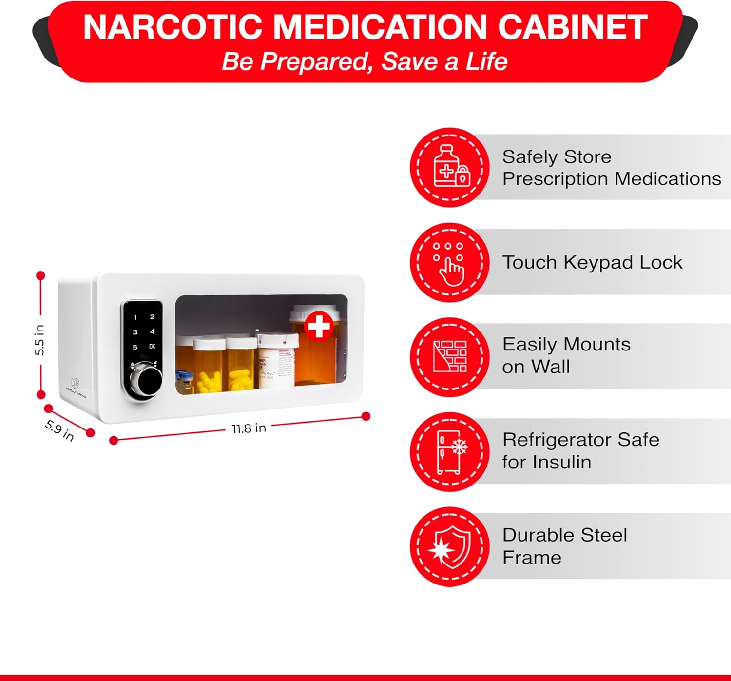 Medication Lock Box with Digital Keypad – Secure Storage Cabinet for Prescription Drugs, Insulin, Narcotics – Wall Mount or Refrigerator Safe – Touch Code Lock