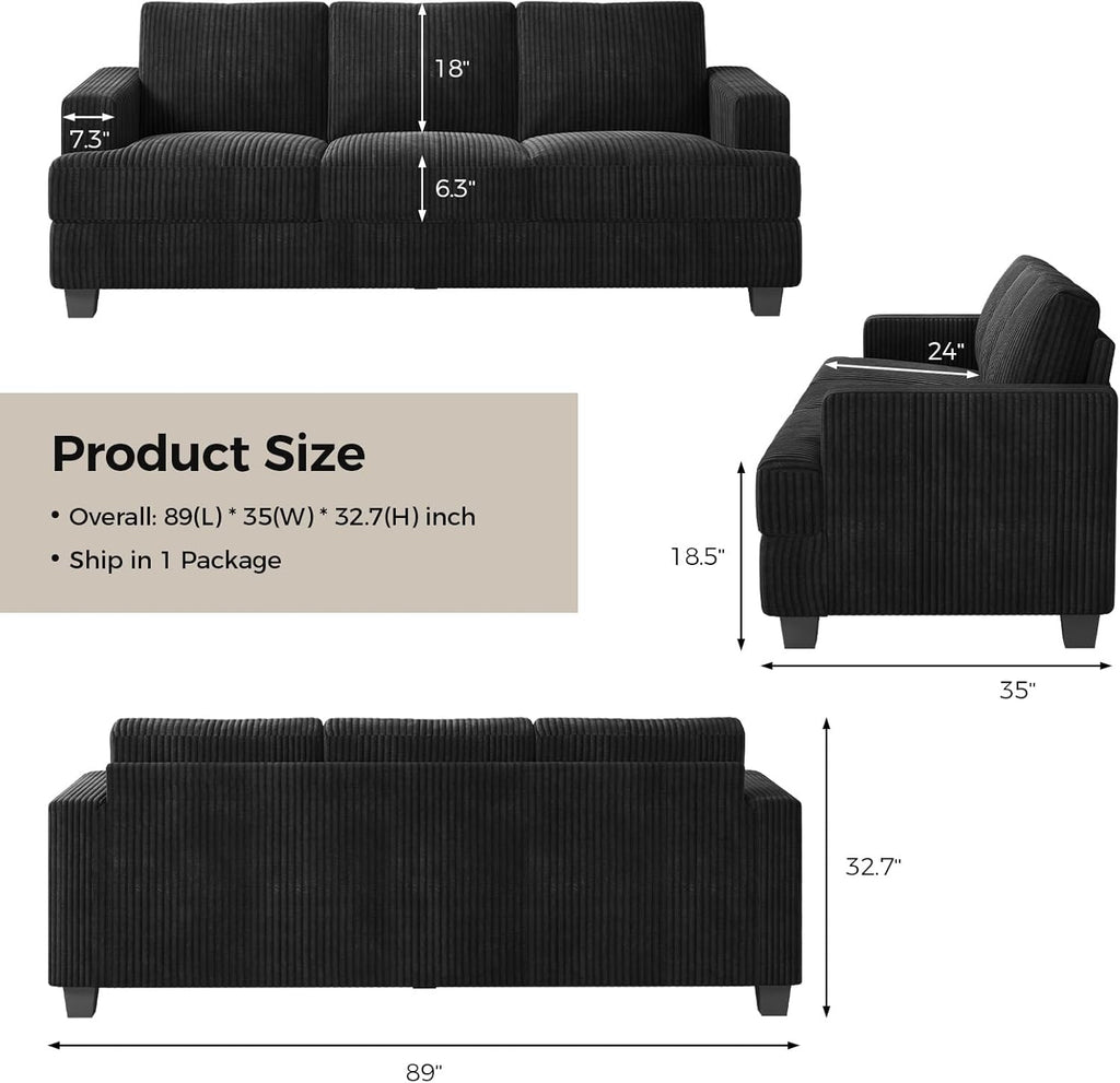 COPIAE 89 Inch Sofa with Extra Deep Seats Oversize, 3 Seater Sofa for Living Room, Modern Couch and Sofa, Comfy Armrests and Seats and Backrests, Easy Installation,Wide Corduroy Fabric Black