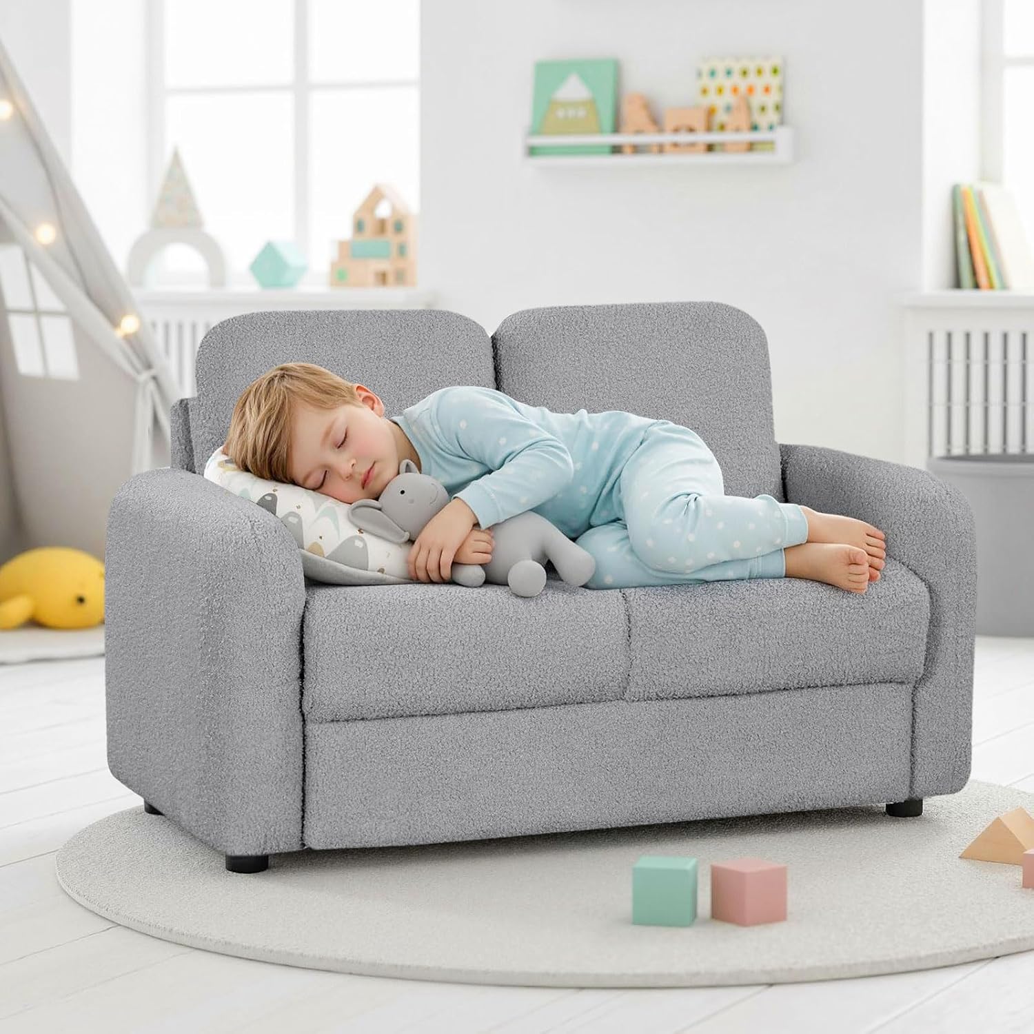 Costzon Kids Couch, 2 Seat Toddler Armrest Chair w/Teddy Fleece Upholstery & Solid Wooden Frame, Double Seat Children's Sofa for Preschool, Bedroom, Playroom, Daycare, Ideal Gift for Girls Boys