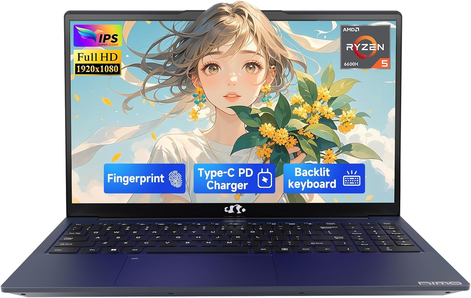 NIMO 15.6' IPS FHD-Gaming-Laptop, 6 Cores AMD Ryzen 5 6600H 16GB DDR5 RAM 1TB SSD (Beat i7-1165G7, Up to 4.5GHz) AMD Radeon 660M GPU-Computer with 100W Type-C Backlit Keyboard Fingerprint