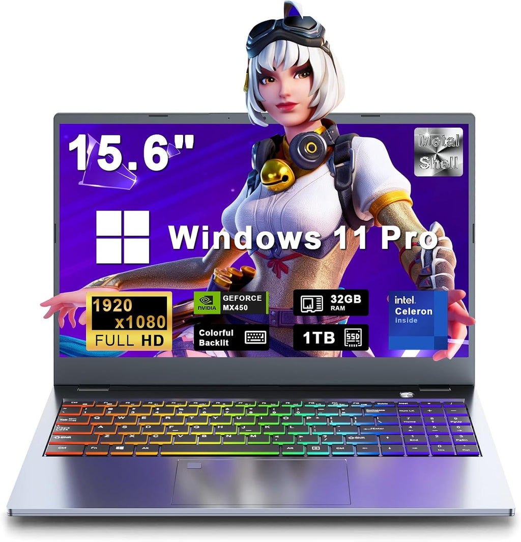 XNQ Gaming Laptop, Laptop Computer 2026, 15.6 Inch Lap Top, 32GB DDR4, 1TB SSD, MX450 TU117 GPU, N-series 4C/4T Processor, Win 11 pro, Colorful Backlit, 1080 FHD, HDMI, Wifi5, Metal Shell, Fingerprint