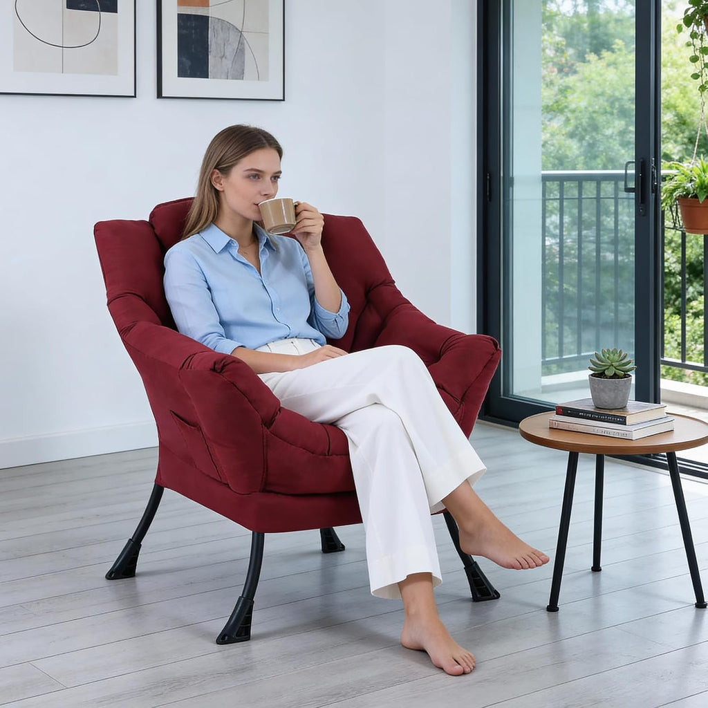 MBOOYOME Lazy Chair, Modern Soft Reading Chair Accent Contemporary Sofa Chair with Armrests and a Side Pocket for Living Room, Bedroom, Dorm & Office, Burgundy