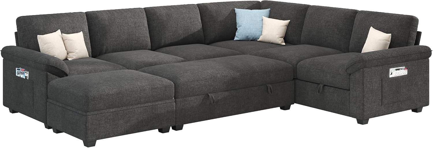 Jocisland 105' Sofa Bed, Sectional Sleeper Sofa with Pull Out Bed/Reclining Backrest, Sleeper Couch Bed with Storage, 6 Seater Couch Bed for Living Room, Chenille Dark Gray