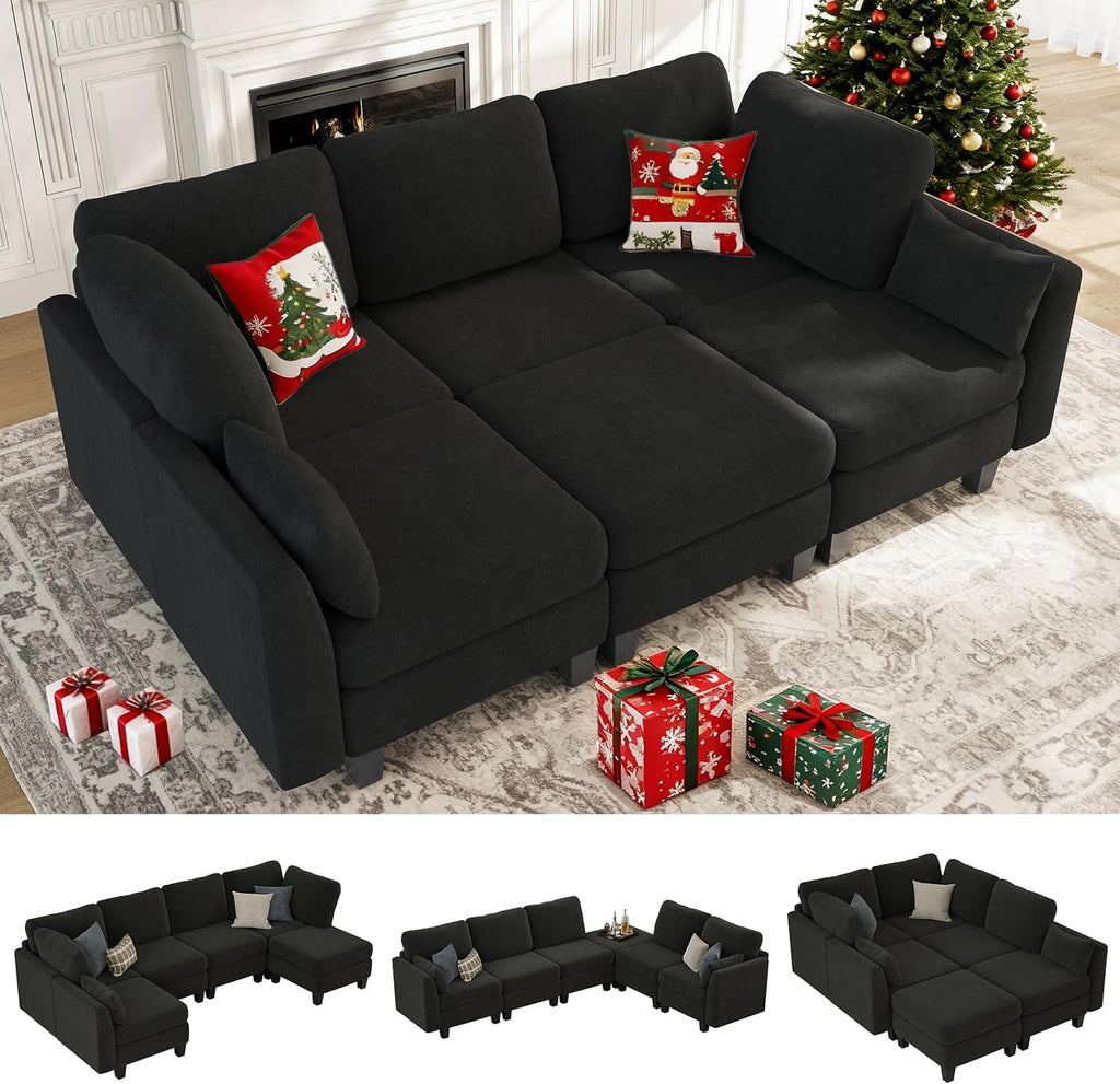 Sectional Sleeper Sofa, 6 Seaters Modular Sleeper Sofa Couch, Comfy Sectionals Couches Bed, Convertible Sofas with Ottomans, Modular Sectional Couches for Living Room, Black