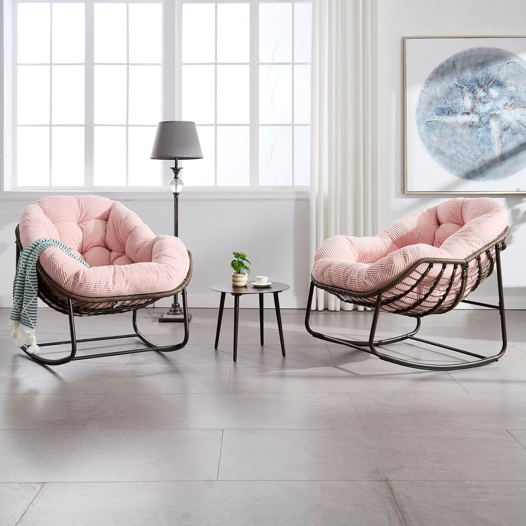 Outside Rattan Rocking Chair with Wicker Cushion, Oversized Lounge Papasan Chair, Outdoor Camping Chairs Patio Furniture for Garden, Balcony, Front Porch & Living Room, Pink