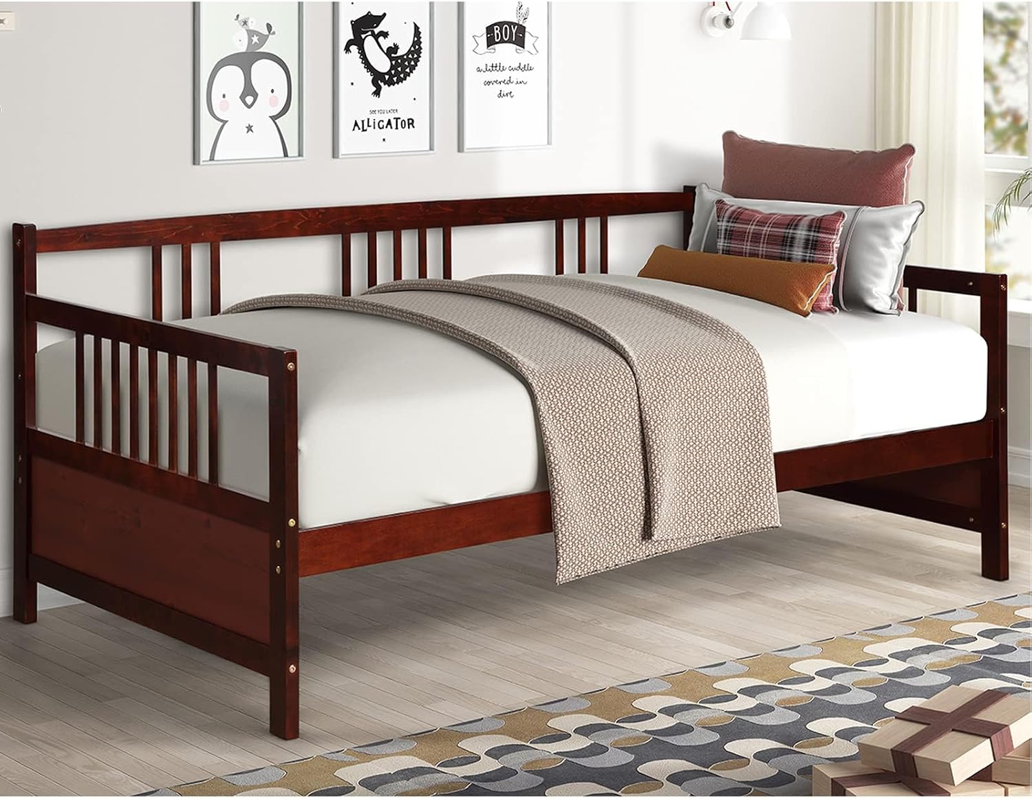Giantex Twin Daybed Frame, Wooden Sofa Bed Guest Bed with Rails & Wood Slat Support, Dual-use Twin Size Platform Bed Frame for Living Room Bedroom, No Box Spring Needed, Cherry