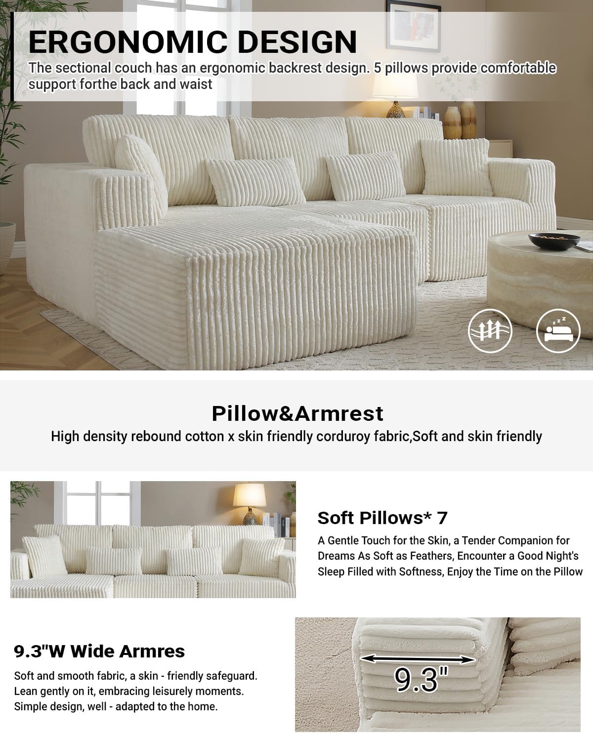 110' Modular Sectional Sofa, Cloud Sectional Couch with Deep Seat, Upholstered Boneless Couches for Living Room, Modern Modular L-Shape Sofa Couch with Chaise (Beige, 110' Left Facing Chaise)